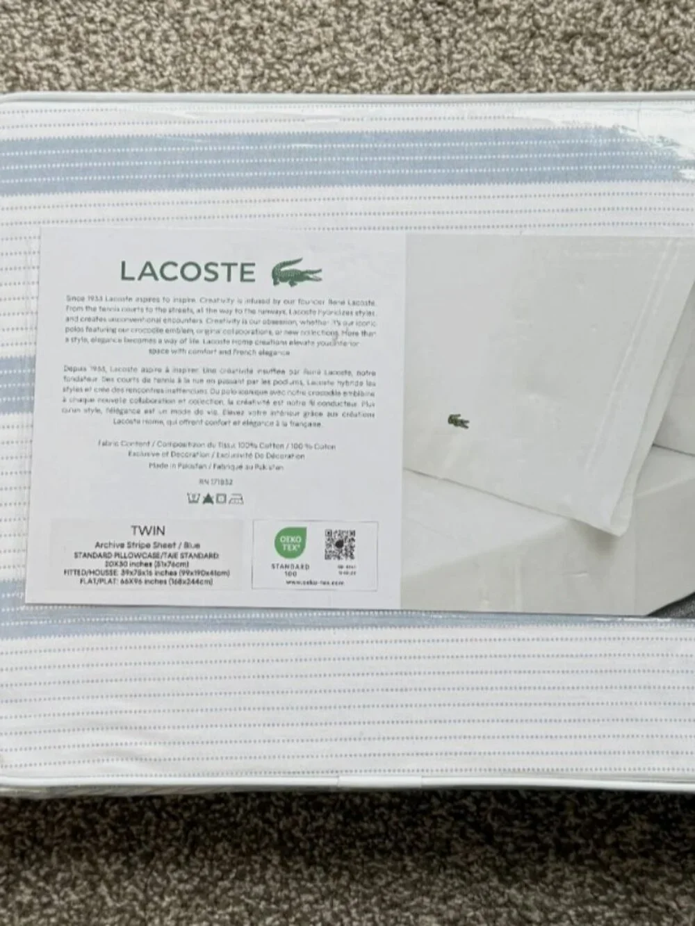 Lacoste 100% Cotton Percale Twin Sheet Set Striped Blue White 3-Piece NWT